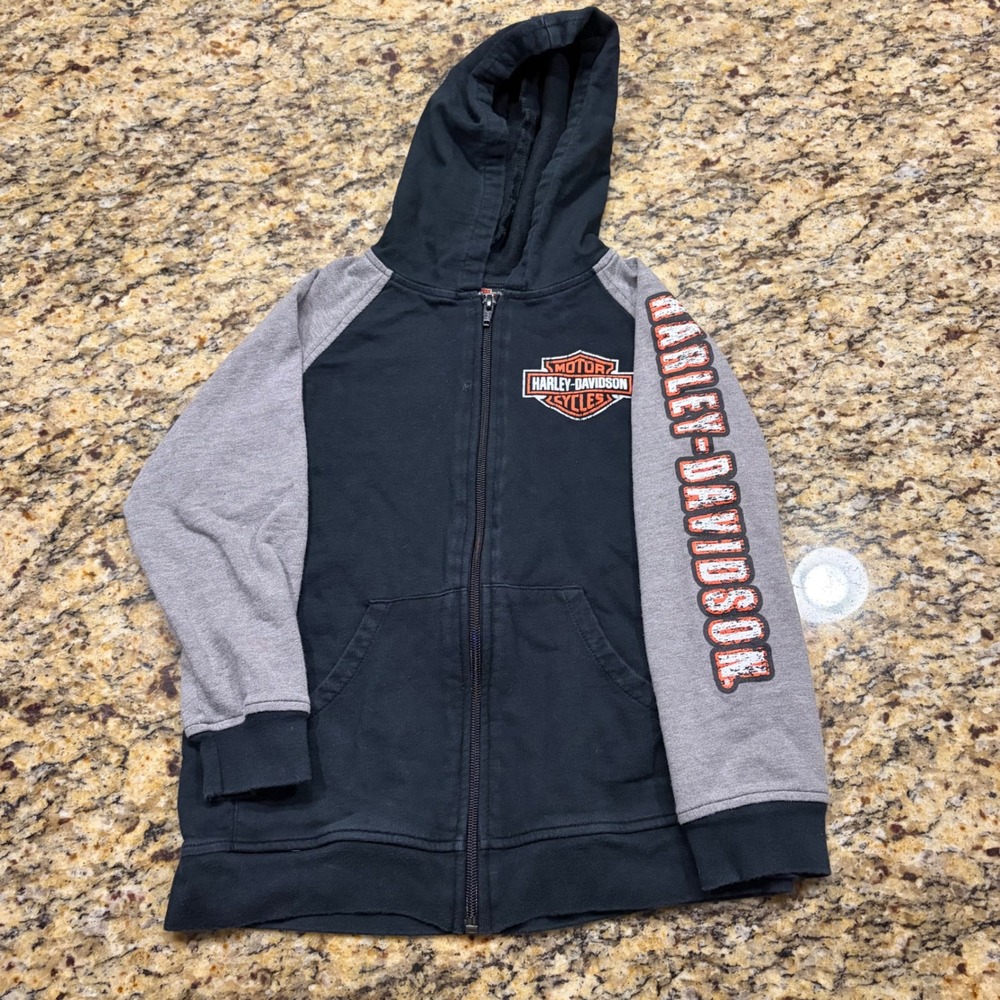 Harley-Davidson Boy Zip Up Hoodie Black Gray Logo Sweatshirt Size 7 ws